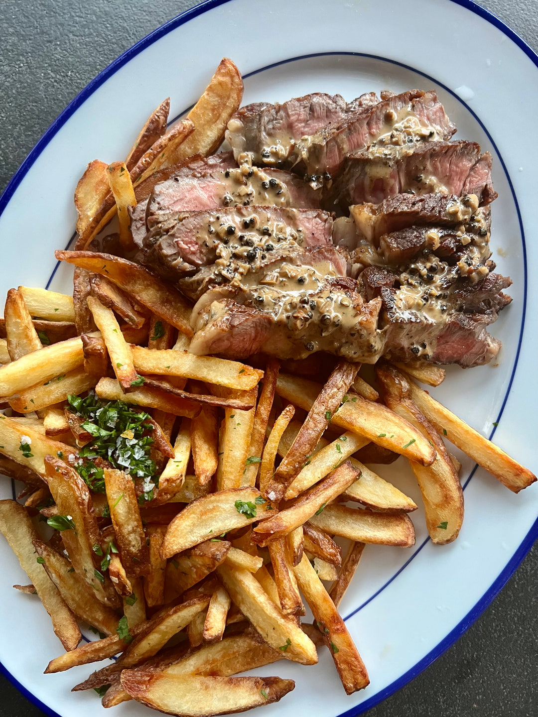 Steak Frites with Peppercorn Sauce