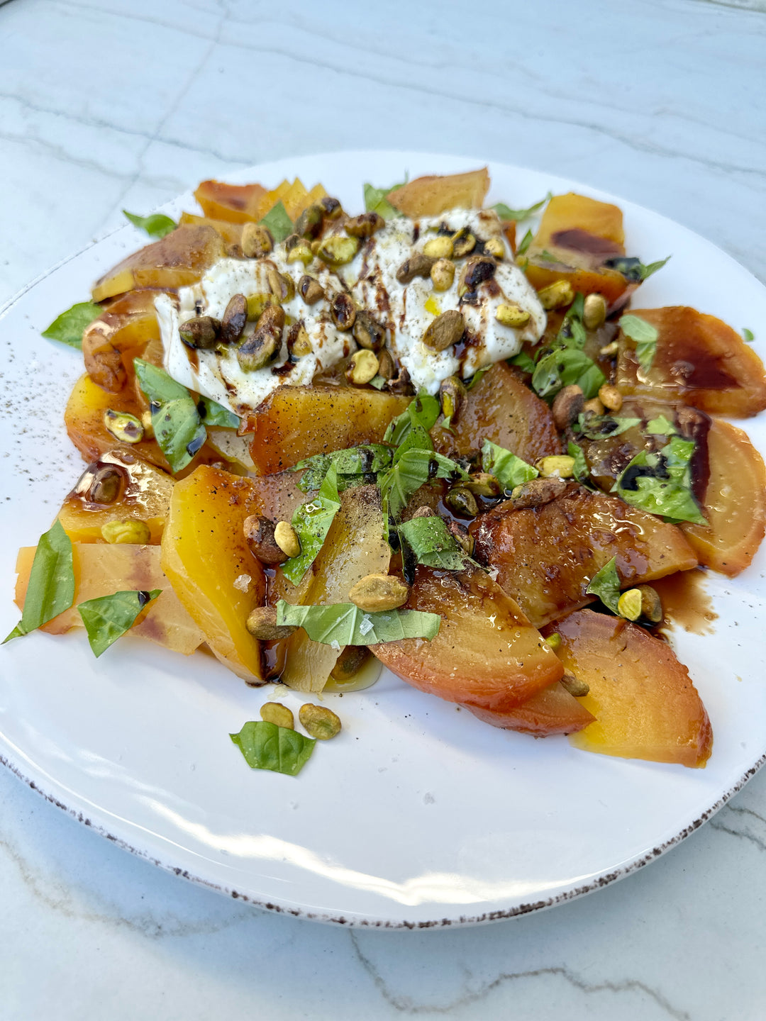 Roasted Beets with Burrata and Pistachios