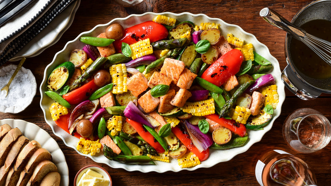 Charred Corn & Salmon Skillet Salad with Lemon–Honey Dressing