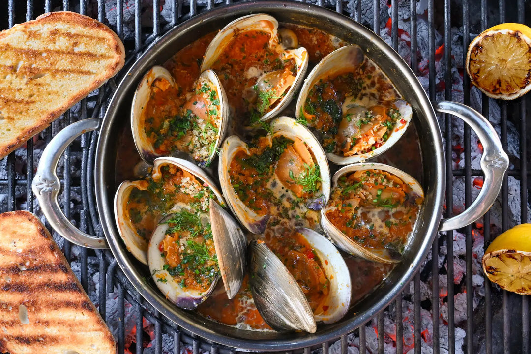 Grilled Clams Casino with Calabrian Chili Sauce