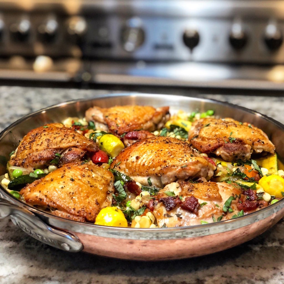 Crispy Chicken Thighs with Summer Succotash - Hestan Culinary