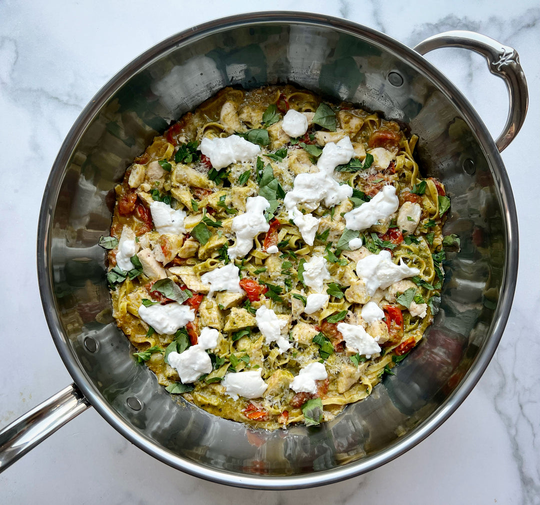 Chicken Fettuccine with Pesto, Cherry Tomatoes, and Burrata - Hestan Culinary