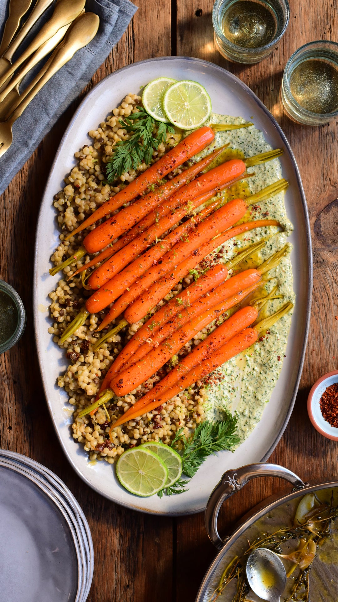 Glazed Carrots with Carrot Top Tahini Sauce