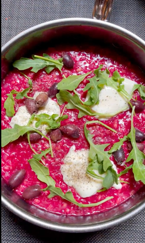 Beet Orzotto with Beet Pesto, Burrata, and Arugula - Hestan Culinary