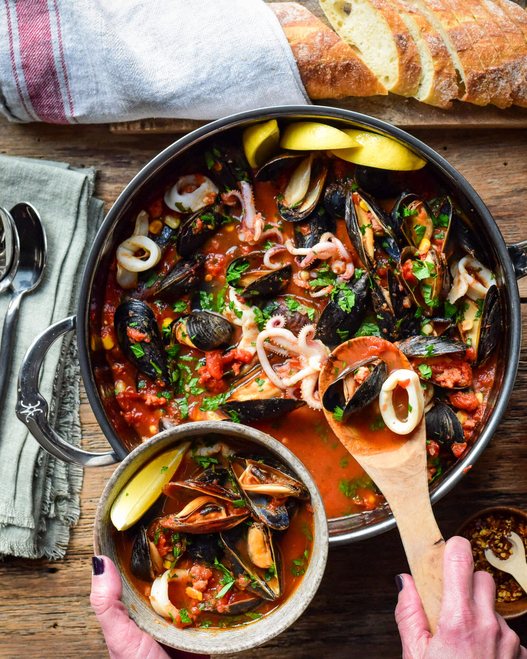 Mussels & Squid In a Spicy Tomato-Sausage Broth - Hestan Culinary