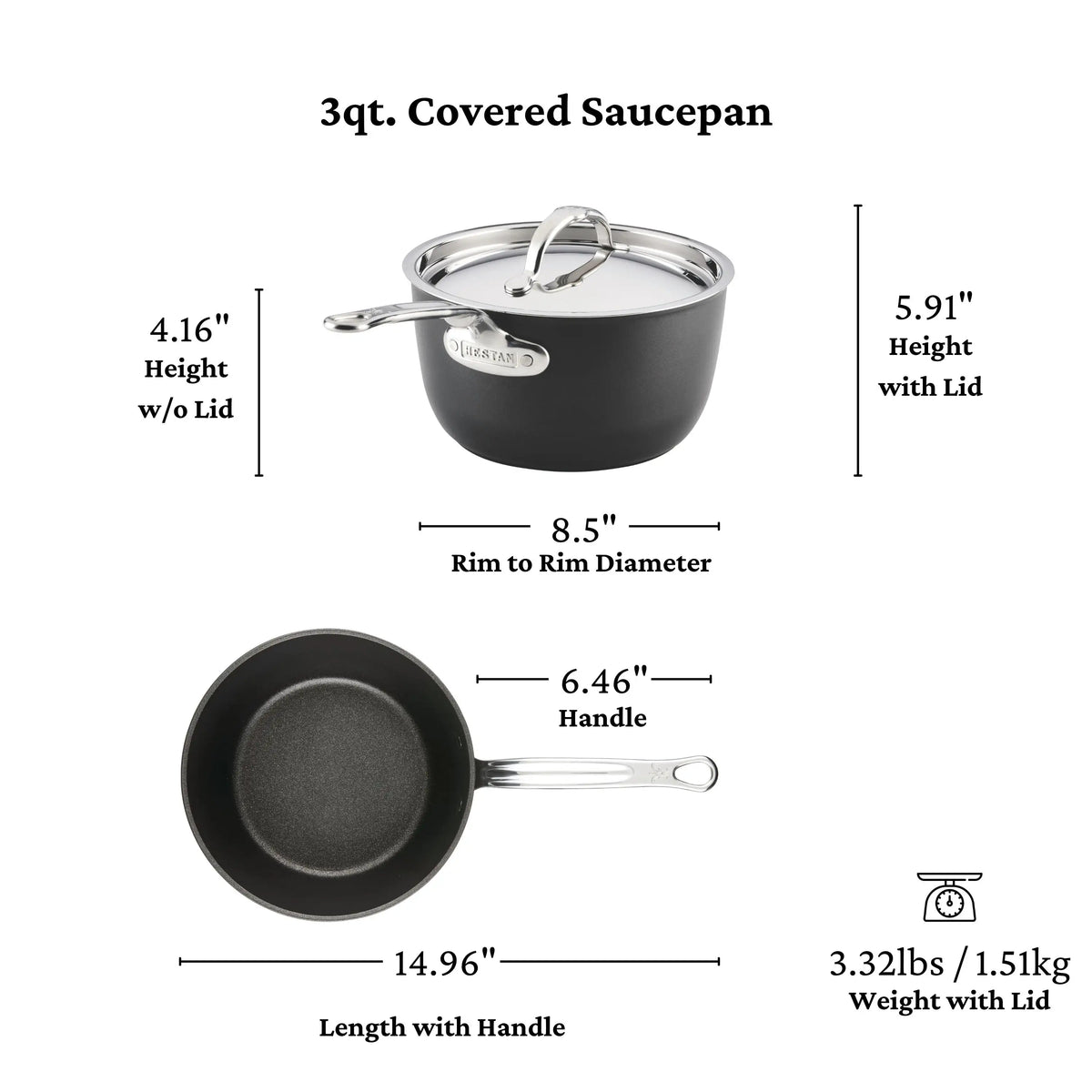 Image shows a TITUM® Fusion TITUM Nonstick Cookware Set (10-piece) 3-quart covered saucepan, handcrafted in Italy; 4.16" high without lid, 5.91" with lid, 8.5" rim diameter, 6.46" handle, total length 14.96", weighs 3.32 lbs with lid.