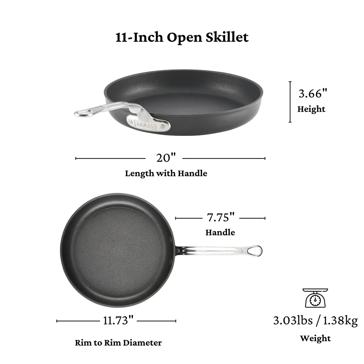 Image of the 11-inch TITUM® Fusion TITUM Nonstick Open Skillets, handcrafted in Italy; 20" long with handle, 11.73" diameter, 3.66" height, 7.75" handle, and weighs 3.03 lbs (1.38 kg).