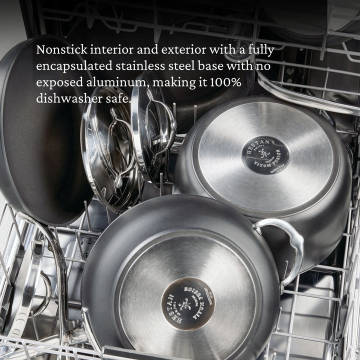 The TITUM® Fusion TITUM Nonstick Skillet with Lid, 11-Inch, handcrafted in Italy with a stainless steel base, sits on a dishwasher rack. Text highlights its durable nonstick surface, encapsulated base, and dishwasher safety.