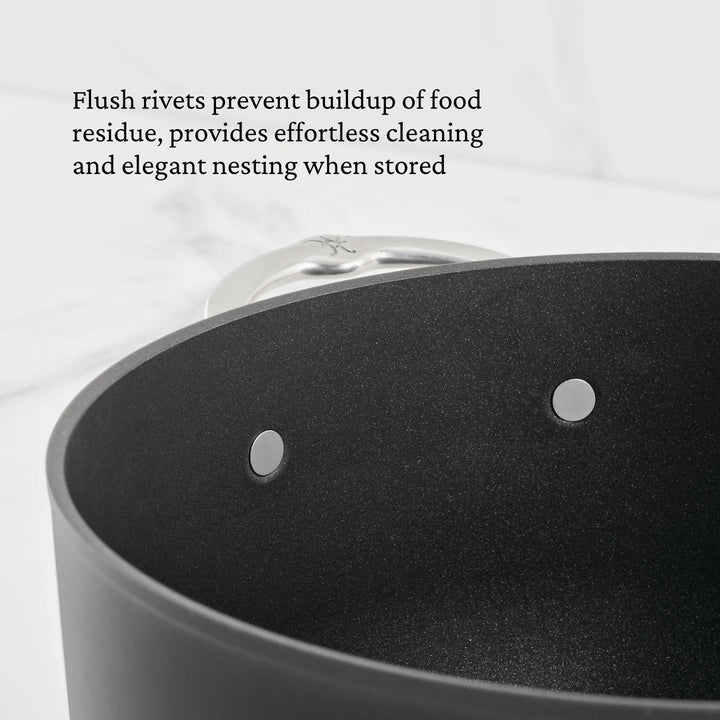 Close-up of a 12.5-inch TITUM® Fusion TITUM Nonstick Wok with Stick Handle and Dome Lid, handcrafted in Italy. Durable nonstick surface with flush rivets makes cleaning, residue prevention, and nesting storage effortless.