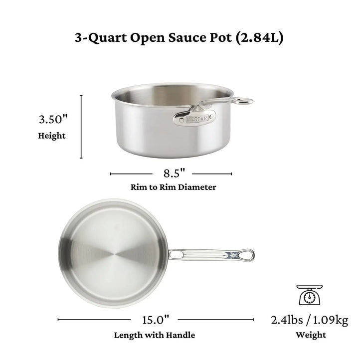 The Thomas Keller Commercial Clad Stainless Steel Saucepans, 3-quart tri-ply, are shown from side and top views with labeled dimensions: 3.5" height, 8.5" rim diameter, 15" length with handle, and weight of 2.4 lbs (1.09 kg).