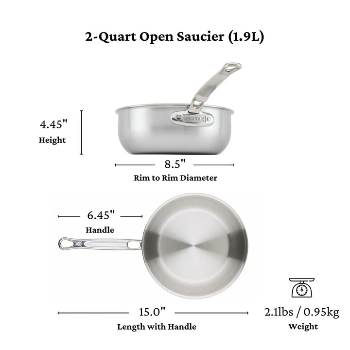 The Thomas Keller Commercial Clad Stainless Steel 2-Quart Saucier offers professional performance with tri-ply construction, measuring 4.45" high, 8.5" rim diameter, 15" long (with handle), and weighing 2.1 lbs.