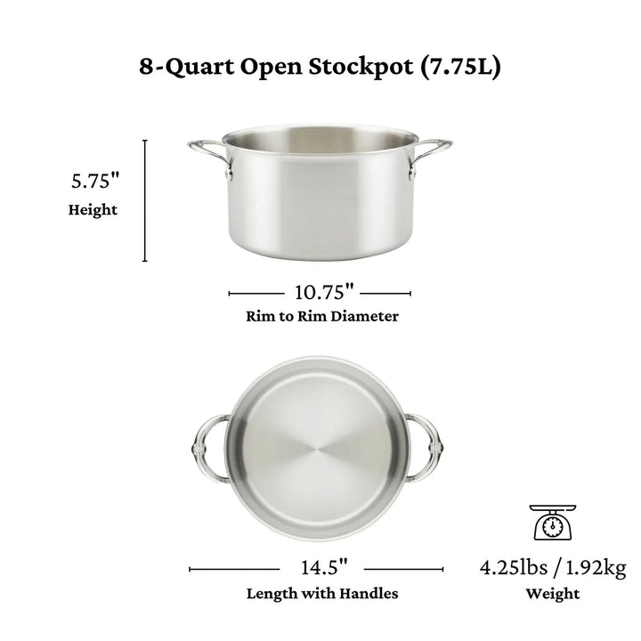 The Thomas Keller Commercial Clad Stainless Steel Stock Pot features tri-ply construction for pro-level results. 8-quart capacity; measures 5.75" high, 10.75" diameter, 14.5" with handles; weighs 4.25 lbs (1.92 kg).