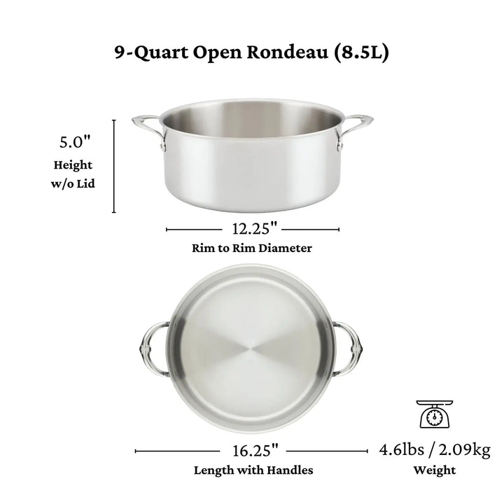 The Thomas Keller Commercial Clad Stainless Steel Rondeau is a 9-quart open pot with two handles, tri-ply construction, measuring 5" tall, 12.25" rim diameter, 16.25" long with handles, weighing 4.6 lbs (2.09 kg), and holding 8.5 liters.
