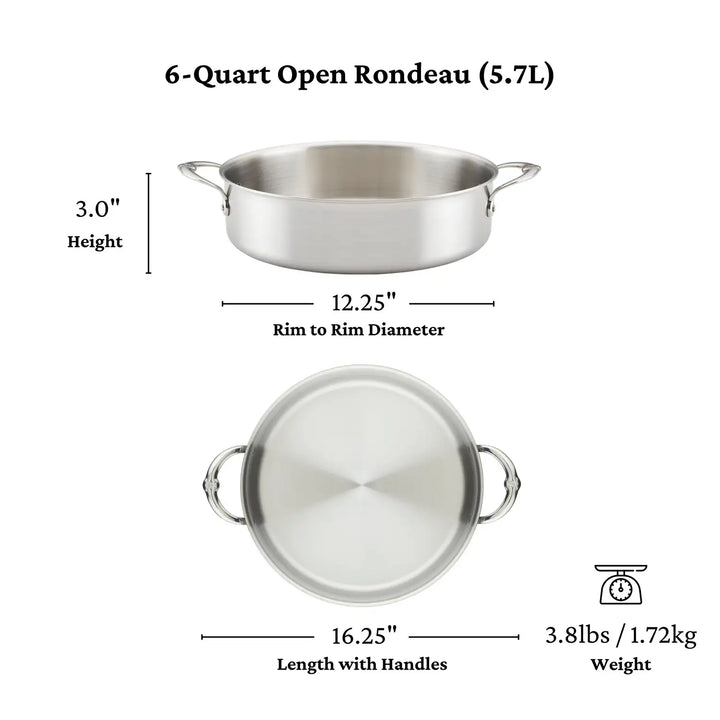 The Thomas Keller Commercial Clad Stainless Steel Rondeau is a 6-quart tri-ply pot with dual handles, measuring 3" high by 12.25" wide, weighing 3.8 lbs (1.72 kg), and holding up to 5.7 liters for versatile cooking needs.