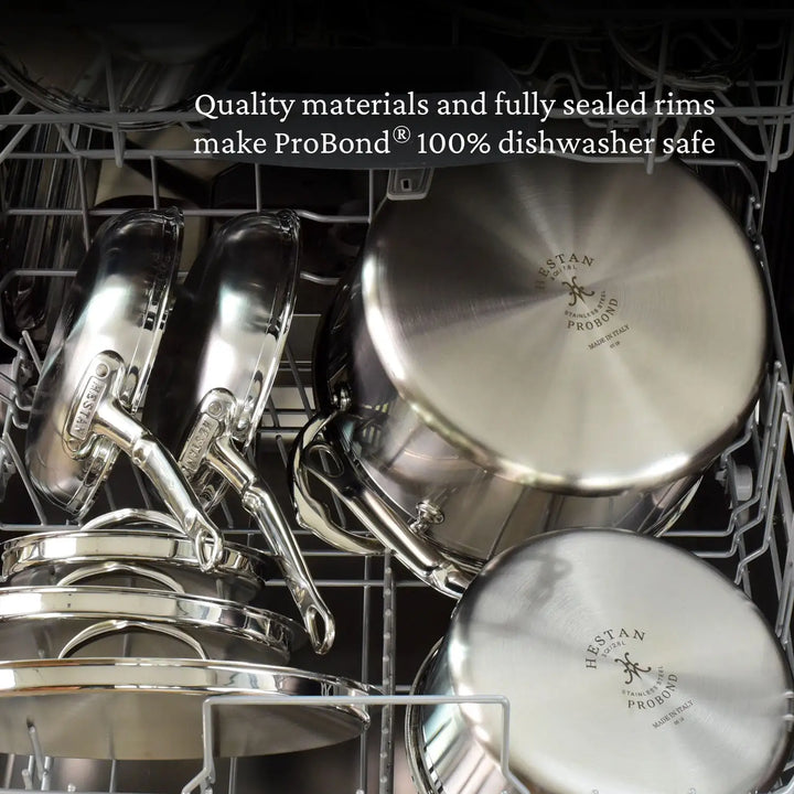 A stack of ProBond Professional Clad Stainless Steel Sauteuse with Lid, 3.5-Quart, boasting a tri-ply body and fully sealed rims, sits in a dishwasher. Text overlay reads: Quality materials and sealed rims make ProBond 100% dishwasher safe.