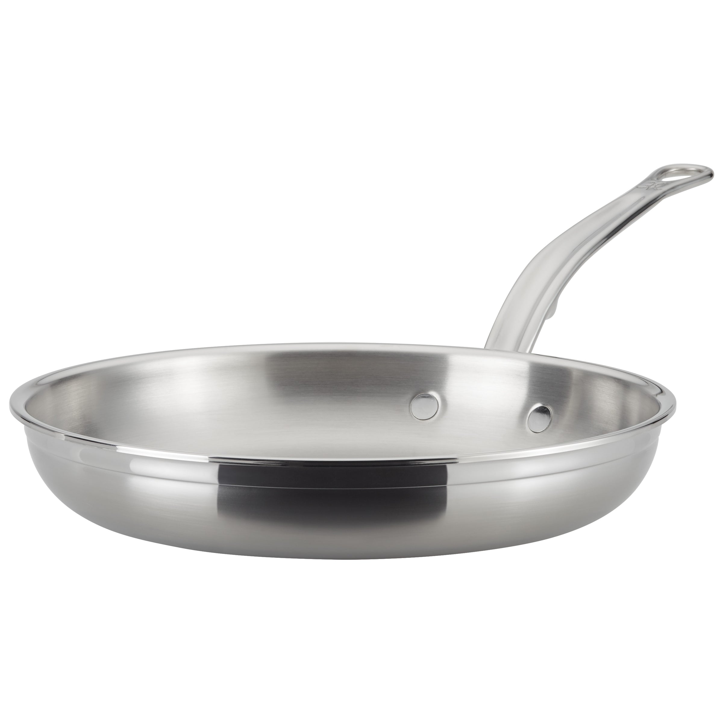 A stainless steel frying pan with a shiny, reflective surface. It has a gently curved handle with a hole for hanging. The pan is designed for cooking and appears empty and clean.