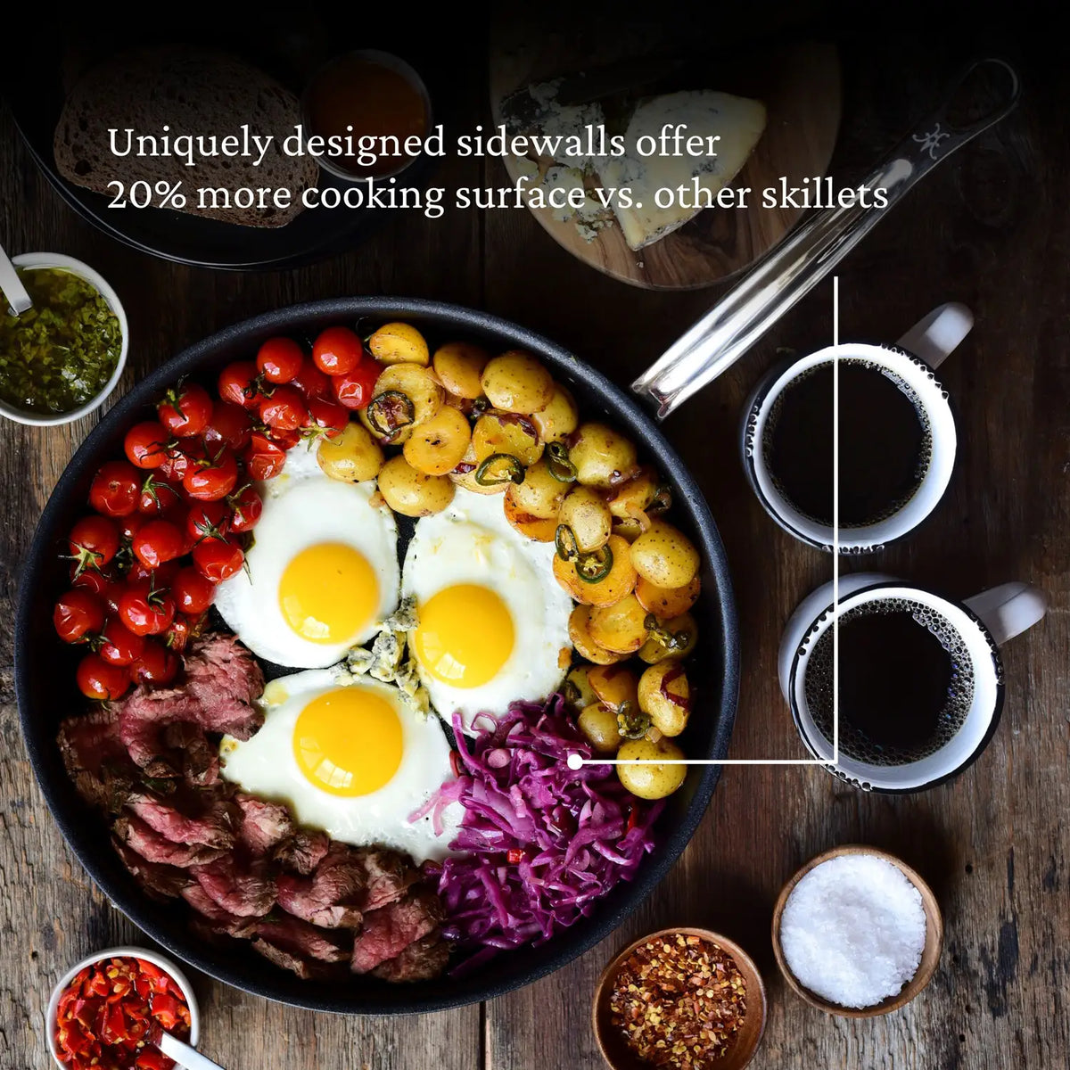 A ProBond® Forged™ Brushed Clad Stainless Steel TITUM® Nonstick Skillet holds cooked potatoes, steak, eggs, tomatoes, and cabbage on a dark surface with coffee and condiments. Text highlights the skillet&