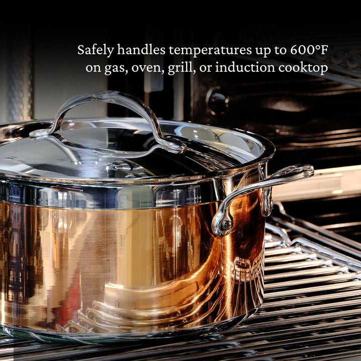 A CopperBond Copper Induction Ultimate Set, 10-Piece pot sits on an oven rack. Text above reads: Safely handles temps up to 600°F on gas, oven, grill, or induction cooktop.