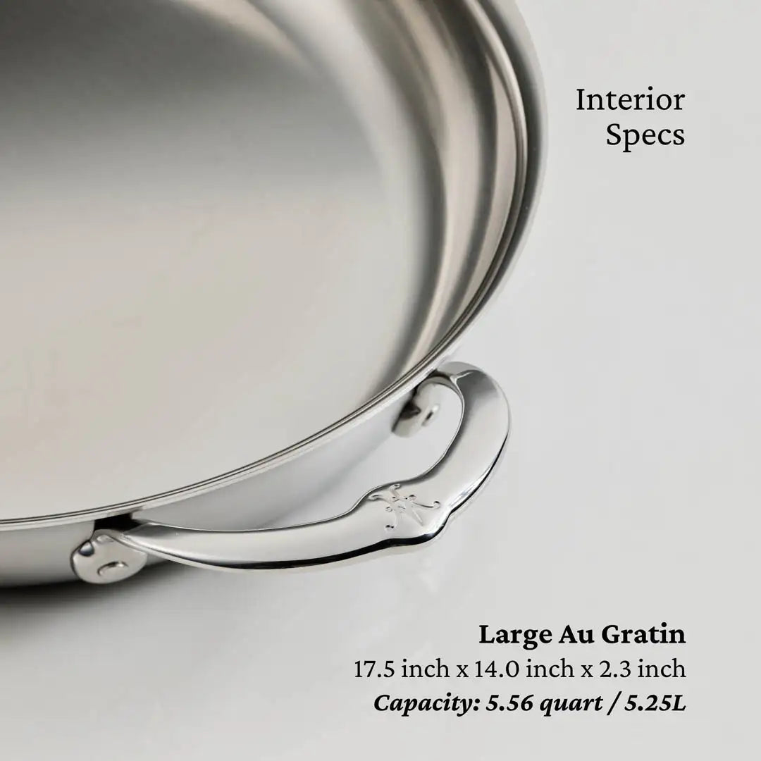 A close-up of a Hestan Provisions 17.5-Inch x 14-Inch Clad Oval Roaster with handle shows its specs: 17.5 x 14.0 x 2.3 inches, and capacity of 5.56 quarts (5.25 liters).
