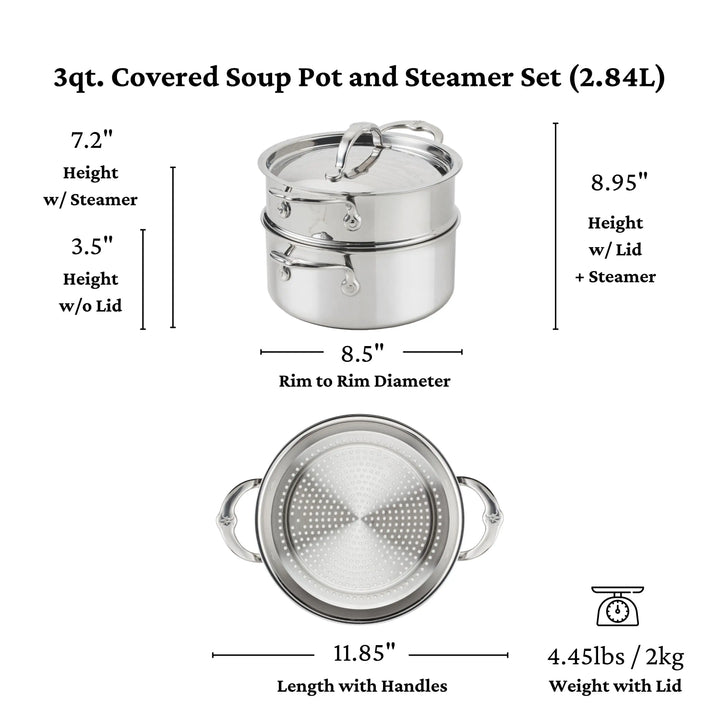Experience exceptional cooking with the ProBond® Luxe™ Polished Clad Stainless Steel 3-quart Soup Pot and Steamer Set—includes lidded pot and steamer tray; 8.5 rim, 11.85 with handles, 8.95 high; weighs 4.51 lbs—ideal for professionals.
