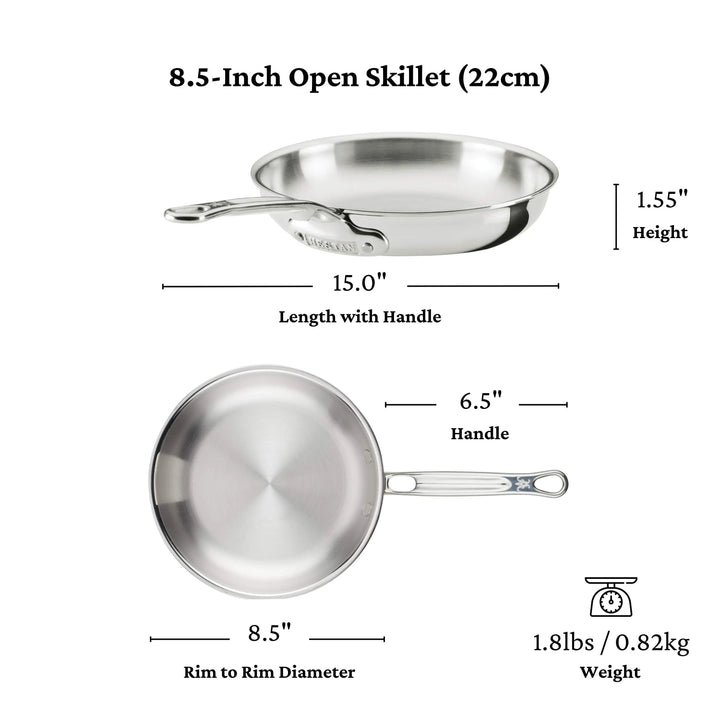 The ProBond® Luxe™ Polished Clad Stainless Steel Essential Set, 5-Piece, features an 8.5-inch open skillet with a total length of 15 inches (6.5-inch handle), height of 1.55 inches, rim-to-rim diameter of 8.5 inches; induction-safe and weighs 1.8 lbs (0.82 kg).