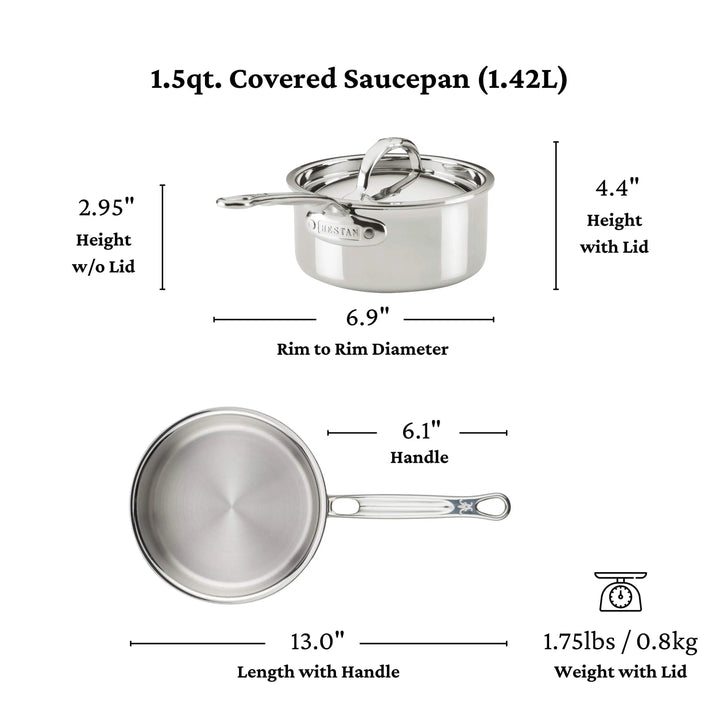 The ProBond® Luxe™ Polished Clad Stainless Steel Ultimate Set, 10-Piece, includes a 1.5-quart saucepan (6.9 diameter, 2.95/4.4 height w/o/with lid, 6.1 handle, 13 total length), weighing 1.75 lbs and crafted with Italian expertise.