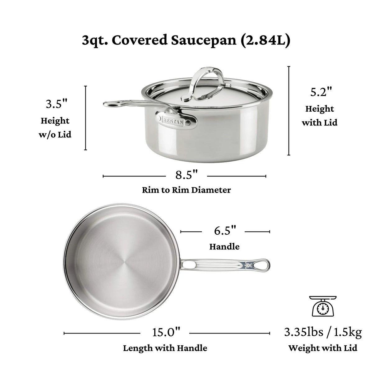 A ProBond® Luxe™ Polished Clad Stainless Steel Ultimate Set 3-quart covered saucepan is shown from the top and side, with key measurements labeled for diameter, height, handle length, total length, and weight with lid.