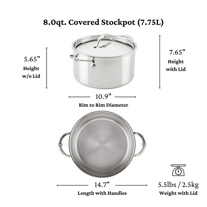 Image of the ProBond® Luxe™ Polished Clad Stainless Steel Ultimate Set 8-qt covered stockpot: 5.65 high (no lid), 7.65 with lid, 10.9 rim diameter, 14.7 handle to handle, weighs 5.5 lbs. Part of the 10-piece set.