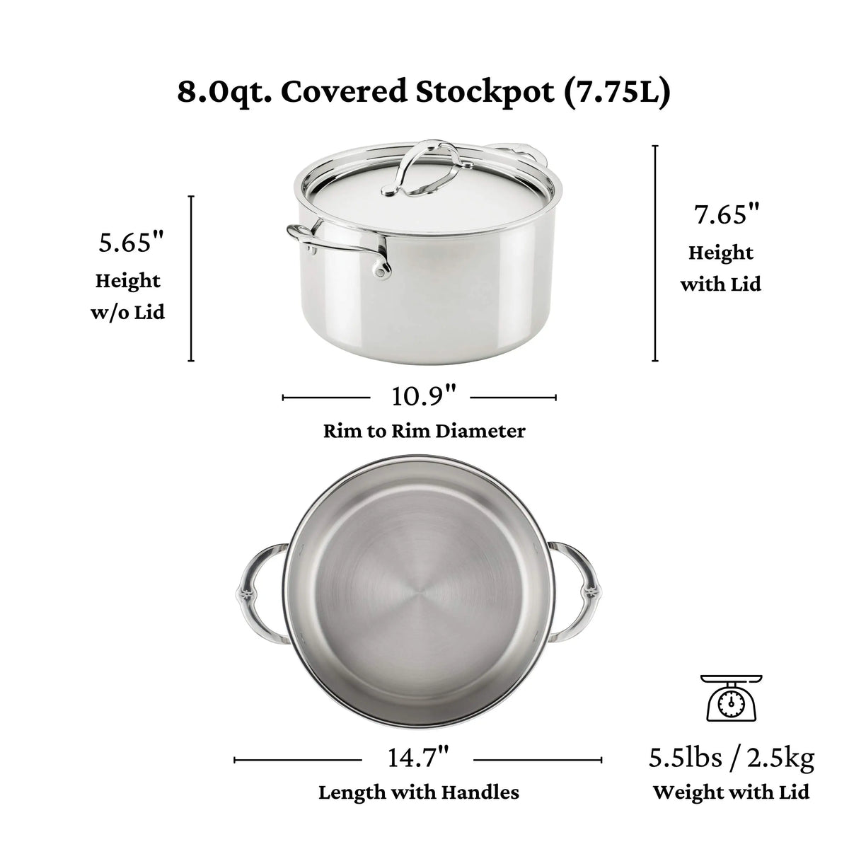 Image of the ProBond® Luxe™ Polished Clad Stainless Steel Ultimate Set 8-qt covered stockpot: 5.65 high (no lid), 7.65 with lid, 10.9 rim diameter, 14.7 handle to handle, weighs 5.5 lbs. Part of the 10-piece set.