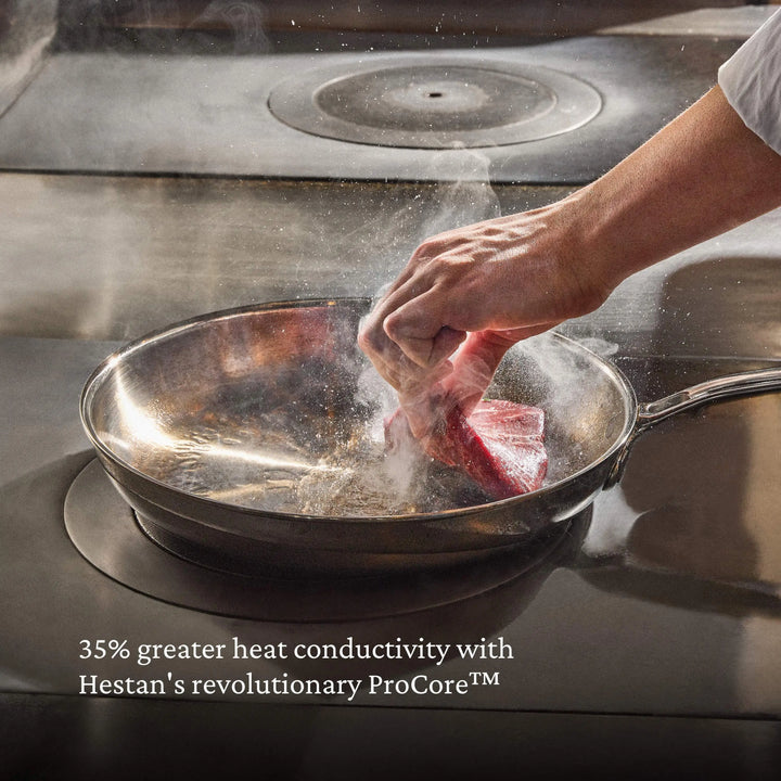 A hand adds raw meat to a stainless steel pan on a stove, sending up steam. Text: ProBond® Luxe™ Polished Clad Stainless Steel Ultimate Set heats 35% better with revolutionary ProCore™ technology.