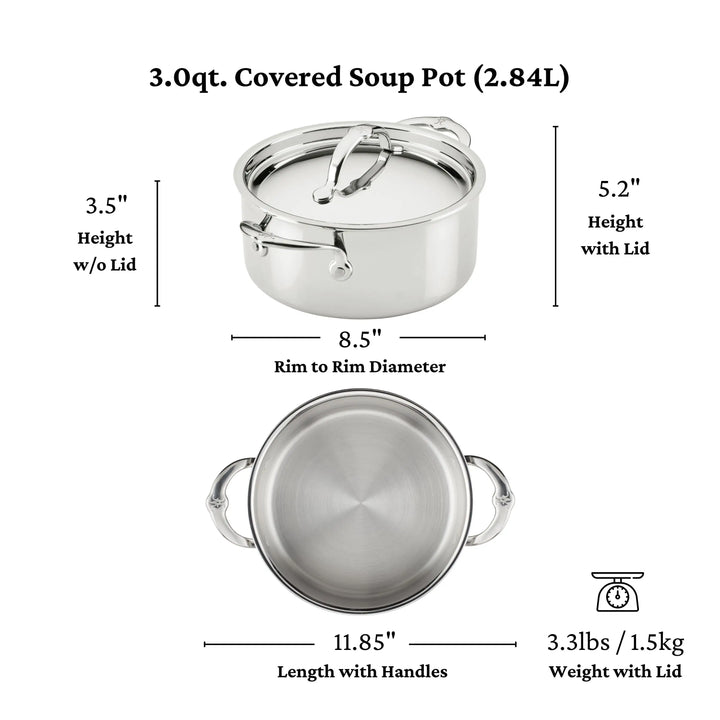 The ProBond® Luxe™ Professional Clad Stainless Steel Soup Pot with Lid is shown from top and side views. Measurements: 3.5 height without lid, 5.2 with lid, 8.5 diameter, 11.85 with handles; weight: 3.3 lbs.