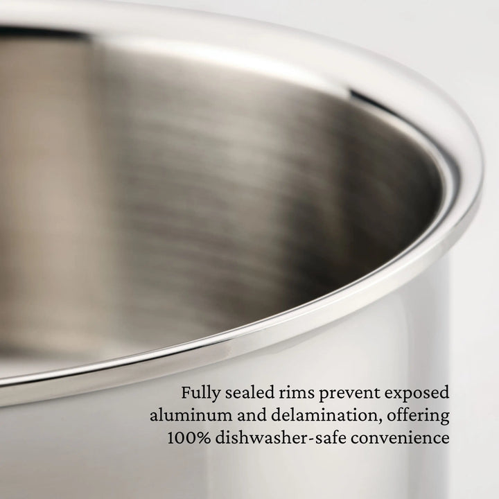 Close-up of the ProBond® Luxe™ Professional Clad Stainless Steel Soup Pot with Lid. Text: Fully sealed rims prevent exposed aluminum and delamination for 100% dishwasher-safe convenience.