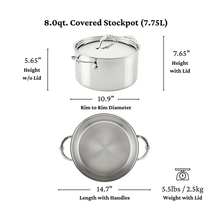 Experience the quality of ProBond® Luxe™ with this Polished Clad Stainless Steel Stockpot with Lid, 8.0 qt., 7.65 high, 10.9 diameter, and 5.5 lbs—crafted for professionals and exceptional performance.
