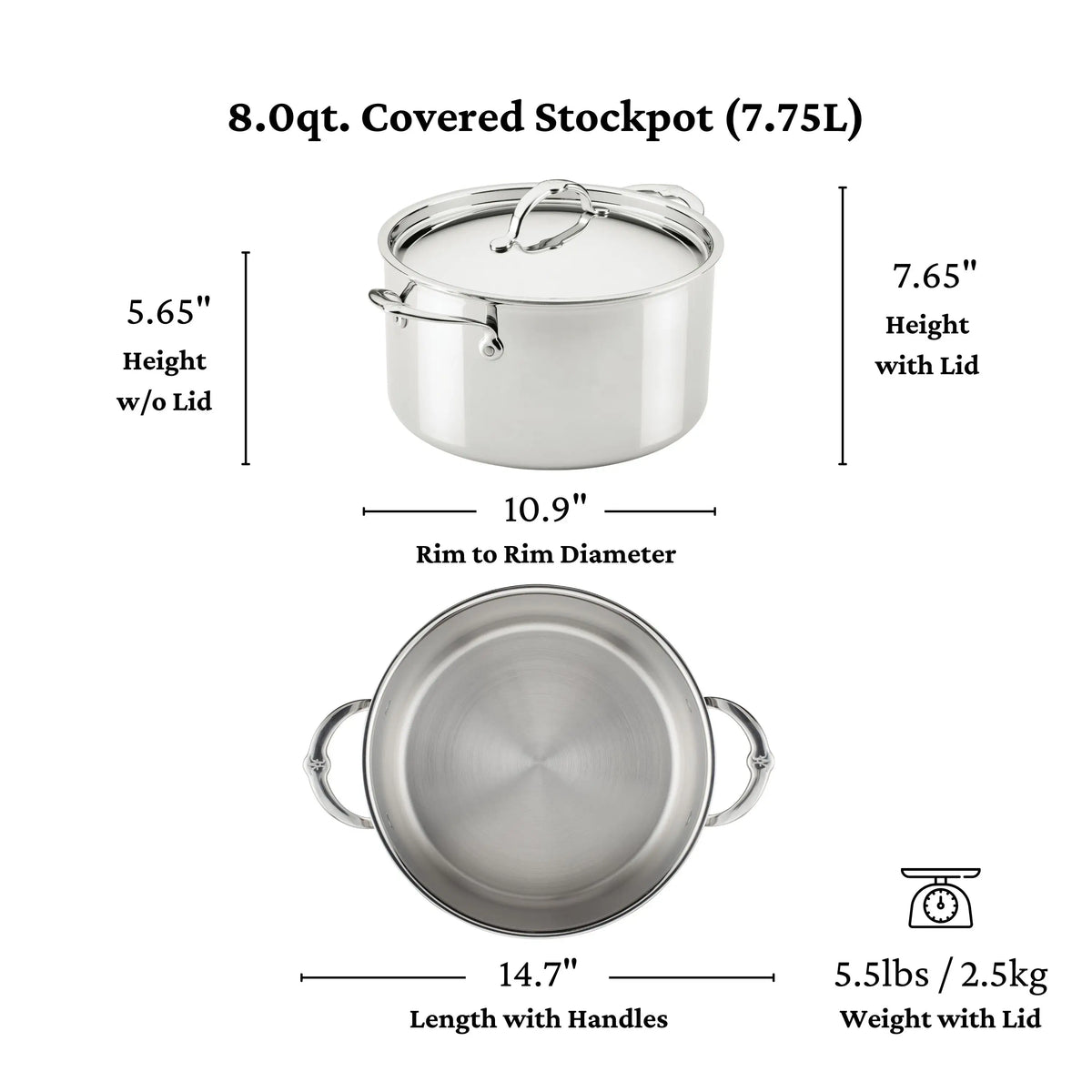 Experience the quality of ProBond® Luxe™ with this Polished Clad Stainless Steel Stockpot with Lid, 8.0 qt., 7.65 high, 10.9 diameter, and 5.5 lbs—crafted for professionals and exceptional performance.