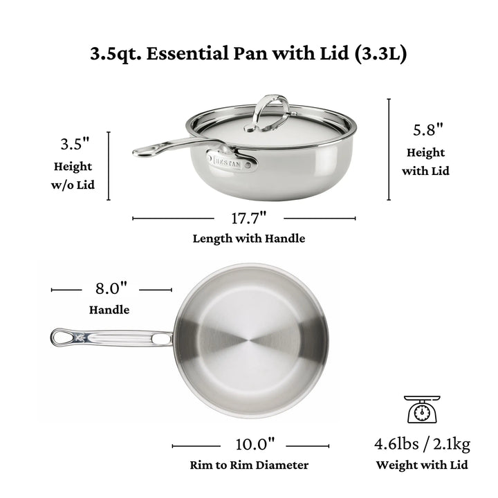 Diagram of a ProBond® Luxe™ Professional Clad Stainless Steel Essential Pan with Lid, labeled: 3.5 height without lid, 5.8 with lid, 17.7 length, weight 4.6 lbs; crafted with Italian craftsmanship.