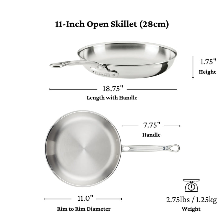 The ProBond® Luxe™ Polished Clad Stainless Steel Skillet is 11 inches wide, 18.75 inches long with a 7.75-inch handle, stands 1.75 inches high, and weighs 2.75 lbs (1.25 kg).