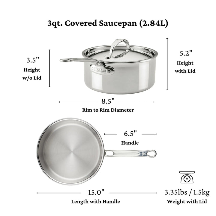 The ProBond® Luxe™ Polished Clad Stainless Steel Saucepan with Lid is 3 quarts, 3.5 high (without lid), 5.2 (with lid), 8.5 diameter, 15 long (with handle), handle is 6.5, and it weighs 3.35 lbs with the lid.