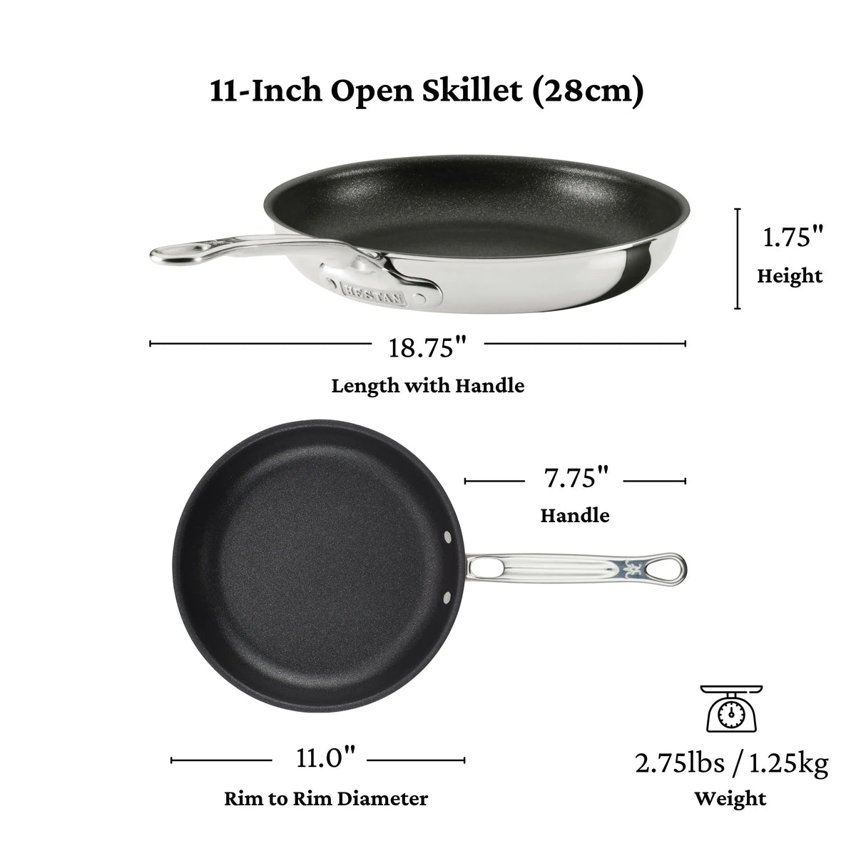 The 11-inch ProBond® Luxe™ Polished Clad Stainless Steel Skillet with TITUM® Nonstick is shown side and top: 18.75 long with handle, 7.75 handle, 11 rim-to-rim, 1.75 high, and weighs 2.75 lbs—premium cookware quality.
