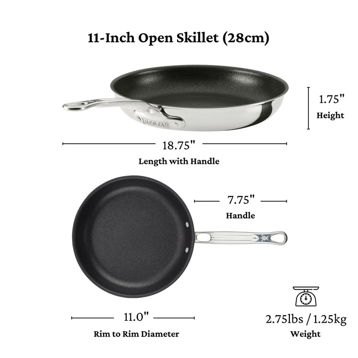 The 11-inch ProBond® Luxe™ Polished Clad Stainless Steel Skillet with TITUM® Nonstick is shown side and top: 18.75 long with handle, 7.75 handle, 11 rim-to-rim, 1.75 high, and weighs 2.75 lbs—premium cookware quality.