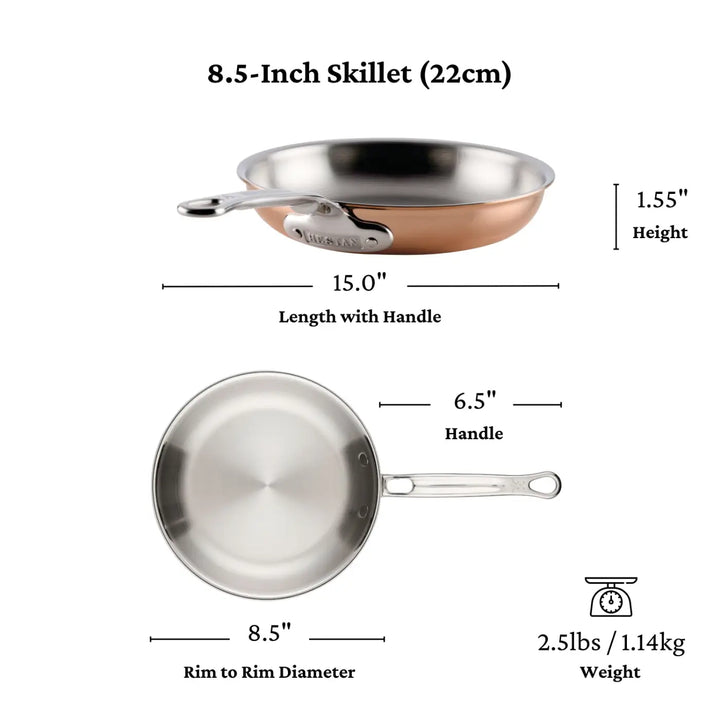 A skillet from the CopperBond® Aura™ Polished Copper 10-Piece Cookware Set is shown from the side and top, highlighting its elegant copper sides for superior heat conductivity and labeled with dimensions: 8.5-inch diameter, 15-inch length with handle, 6.5-inch handle, 1.55-inch height, weighing 2.5 lbs (1.14 kg). An essential piece for any copper cookware collection.
