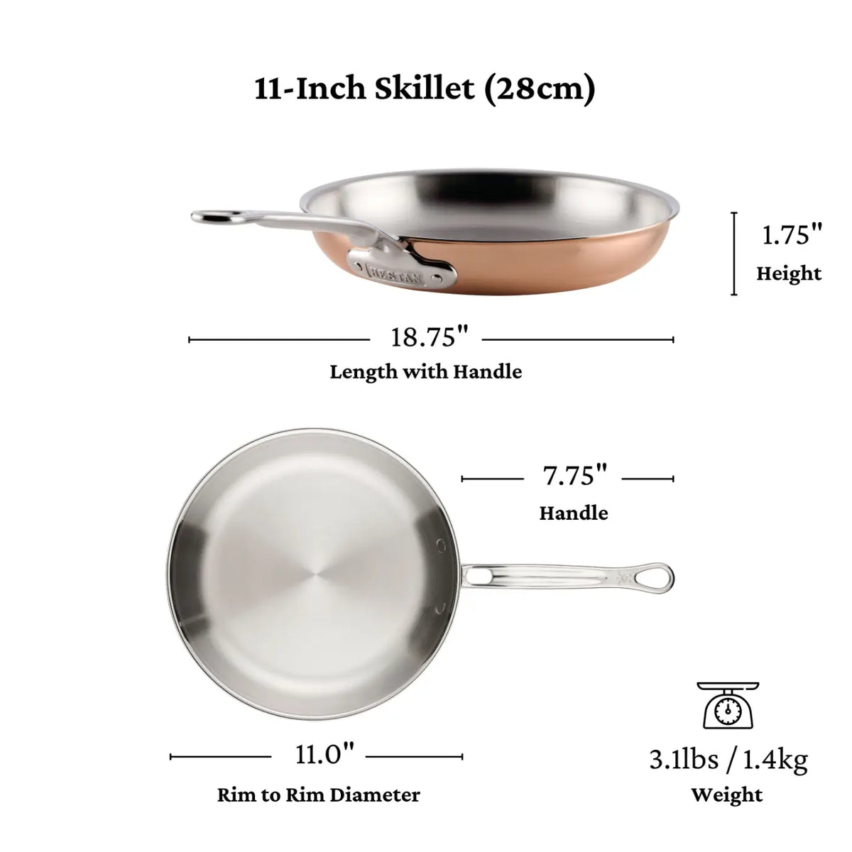 A Polished Copper 10-Piece Cookware Set from the CopperBond® Aura™ collection is displayed from the side and top, emphasizing its lustrous copper exterior. This cookware measures 11 inches in diameter, 18.75 inches long with handle, stands 1.75 inches high, features a 7.75-inch handle, and weighs 3.1 lbs (1.4 kg), making it a standout piece for any kitchen.