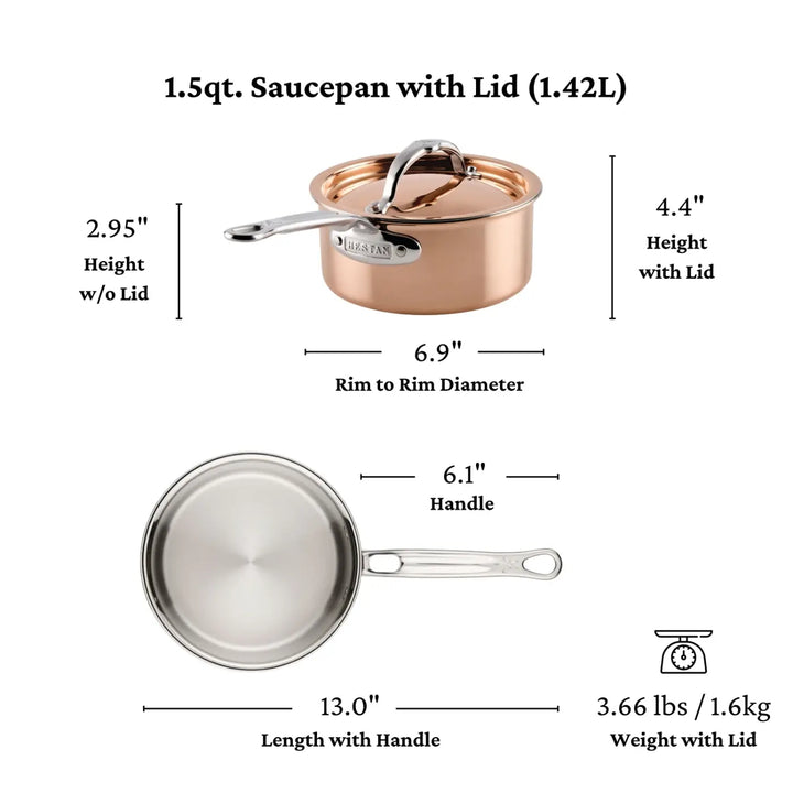 A saucepan with lid from the CopperBond® Aura™ Polished Copper 10-Piece Cookware Set is shown from both the side and top. Measurements: 2.95″ height, 4.4″ with lid, 6.9″ rim diameter, 6.1″ handle, 13″ length with handle, and weighs 3.66 lbs with lid. Capacity: 1.5 qt—an elegant addition to your copper cookware collection.