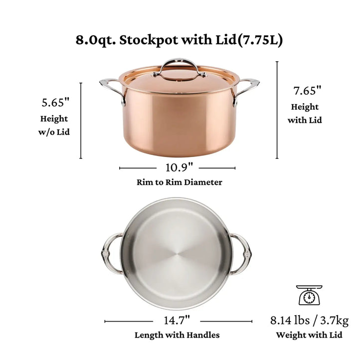 Front and top views of an 8-quart, copper-colored stockpot with lid—an exquisite piece from the CopperBond® Aura™ Polished Copper 10-Piece Cookware Set. Dimensions and weight indicated: 10.9″ diameter, 14.7″ length with handles, 7.65″ height with lid, and weighs 8.14 lbs—an essential addition to your copper cookware collection.