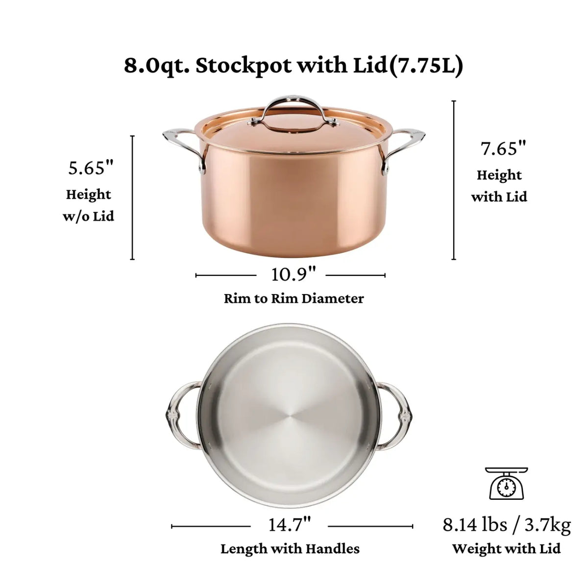 Front and top views of an 8-quart, copper-colored stockpot with lid—an exquisite piece from the CopperBond® Aura™ Polished Copper 10-Piece Cookware Set. Dimensions and weight indicated: 10.9″ diameter, 14.7″ length with handles, 7.65″ height with lid, and weighs 8.14 lbs—an essential addition to your copper cookware collection.