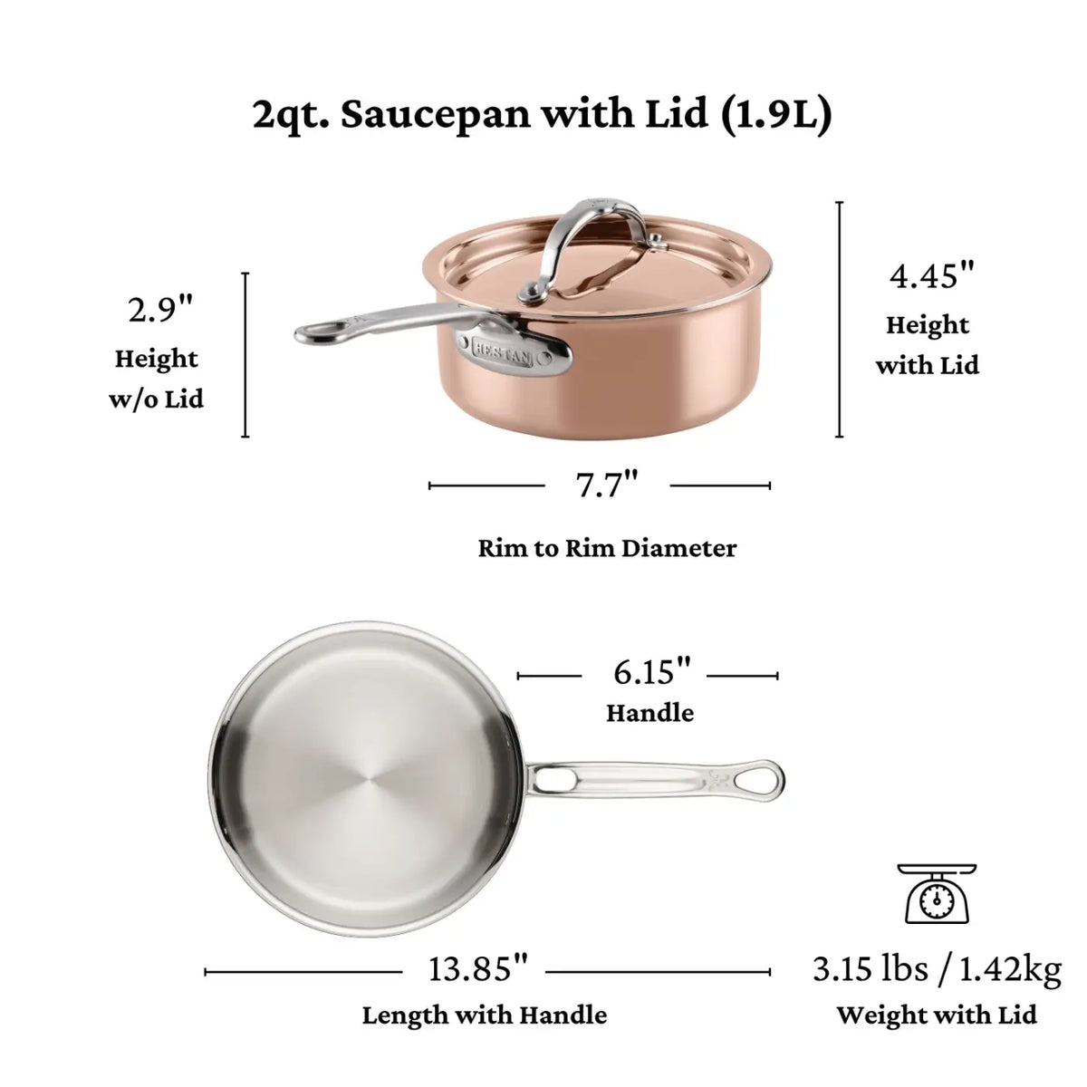 A CopperBond Aura™ Polished Copper Saucepan with Lid, 2-quart size, is shown from the side and top. Dimensions and weight are listed: 7.7-inch diameter, 13.85-inch length with handle, 2.9-inch height without lid, and a weight of 3.15 lbs—an elegant addition to any collection of polished copper saucepans or fine copper cookware.