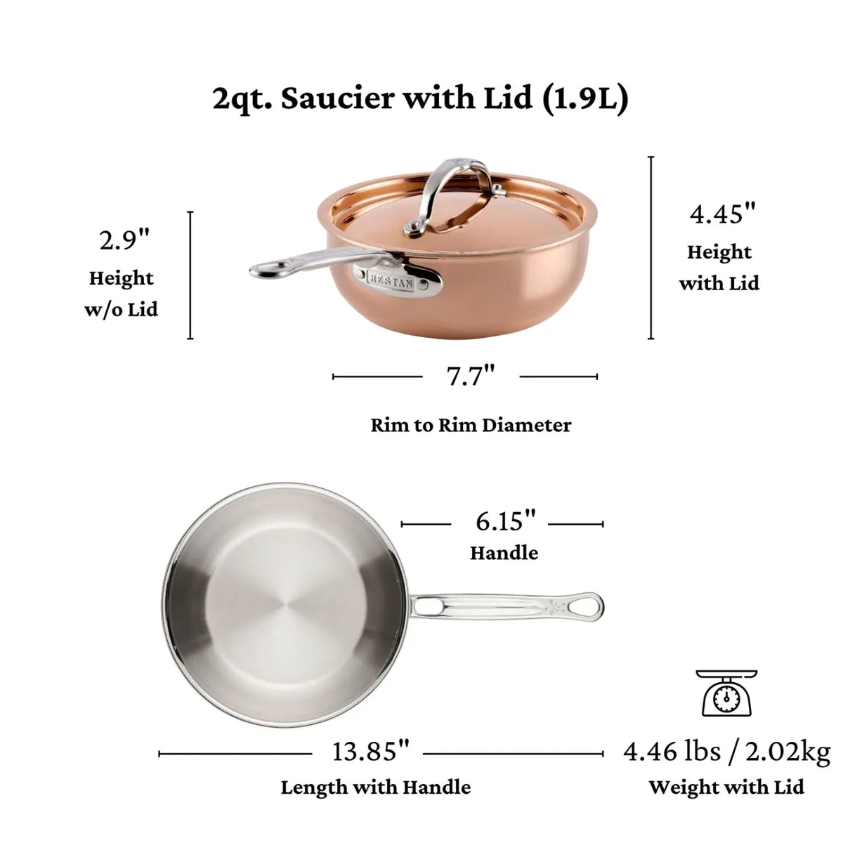 Here’s a rewritten version incorporating the provided product data: The CopperBond Aura™ Polished Copper 2-Quart Saucier with Lid is shown from both the side and top views. The side view displays dimensions for height, diameter, and weight, while the top view highlights the handle and pan diameter. Accompanying text details full measurements and weight in both pounds and kilograms—making this saucier an essential addition to any copper cookware collection or an excellent choice for those seeking premium