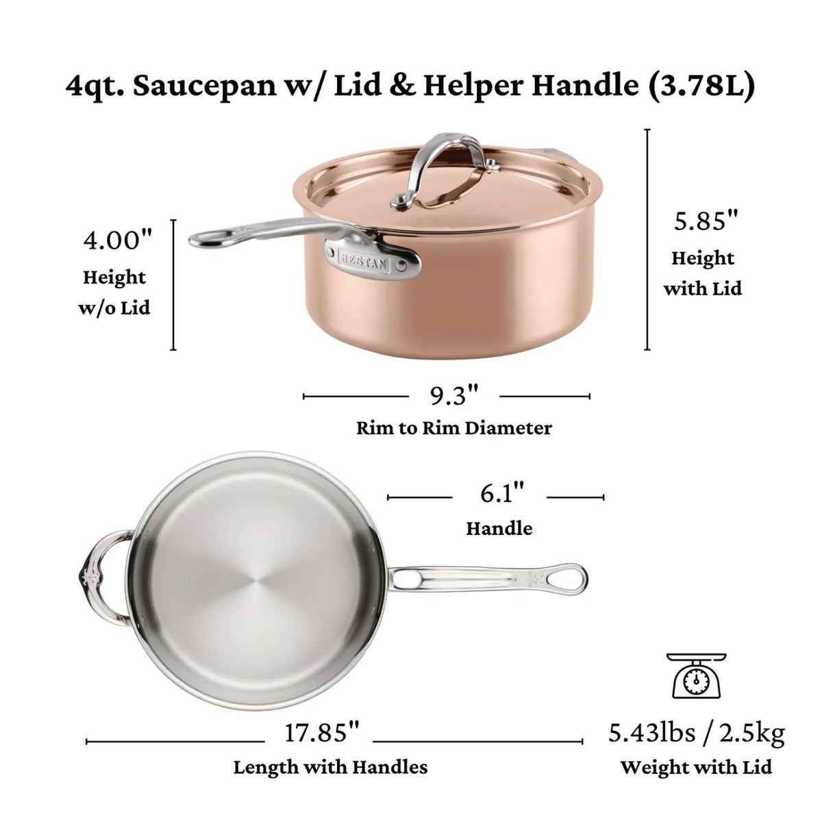 Experience the elegance of the CopperBond Aura™ Polished Copper Saucepans with Lid—a copper-colored 4-quart saucepan featuring a helper handle. This premium piece from the CopperBond Aura™ collection measures 4 inches high without the lid, 5.85 inches high with the lid, has a 9.3-inch diameter, is 17.85 inches long including handles, and weighs 5.43 lbs. A versatile addition to your collection of fine copper cookware.