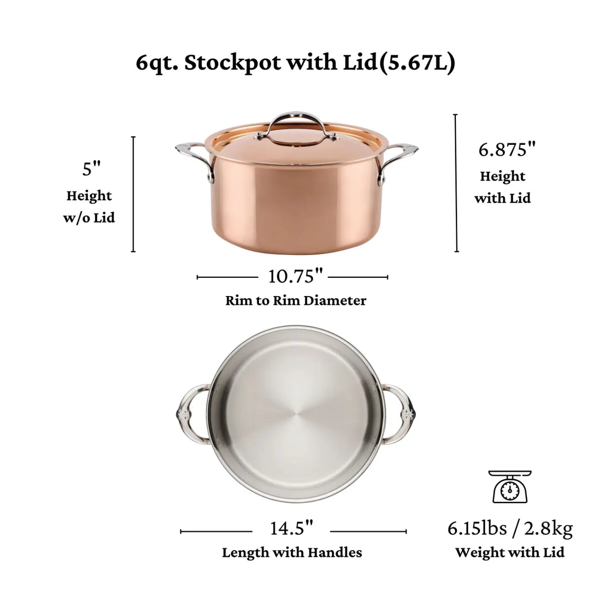 Elevate your kitchen with the CopperBond Aura™ Polished Copper Stock Pot with Lid, designed for both home cooks and culinary enthusiasts. This stock pot showcases a stunning copper finish and features a durable stainless steel interior to ensure optimal cooking performance. As shown from multiple angles, it stands 5″ high without the lid and 6.875″ with the lid, measures 10.75″ in diameter (rim-to-rim), and is 14.5″ long including handles. With a generous 6 qt (5.67L) capacity and weighing just 6.15 lbs