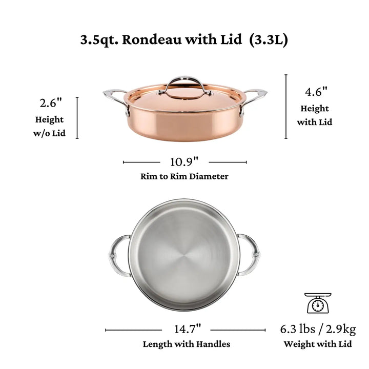 Experience exceptional Italian craftsmanship with the CopperBond Aura™ Polished Copper Rondeau with Lid. This professional-grade rondeau pot is expertly constructed from premium copper cookware and showcased in both side and top views. It features a height of 2.6″ without the lid (4.6″ with lid), a 10.9″ rim diameter, and a 14.7″ handle length. The pot weighs 6.3 lbs (2.9 kg) and offers a generous 3.5-quart capacity for your culinary needs.