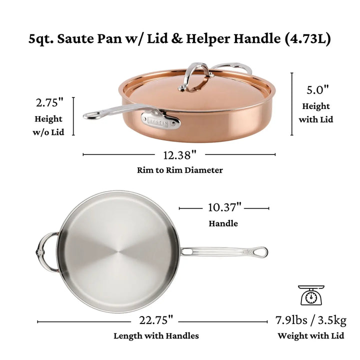 Introducing the CopperBond Aura™ Polished Copper Saute Pan with Lid—a premium copper cookware piece featuring a durable stainless steel interior for exceptional performance. This sauté pan measures 12.38″ in diameter, stands 2.75″ tall (5″ with lid), and has an overall length of 22.75″ including its helper handle (handle measures 10.37″). With a generous capacity of 5 quarts (4.73L) and a sturdy weight of 7.9 lbs (3.5kg), this pan is expertly crafted for both versatility and durability in your kitchen.
